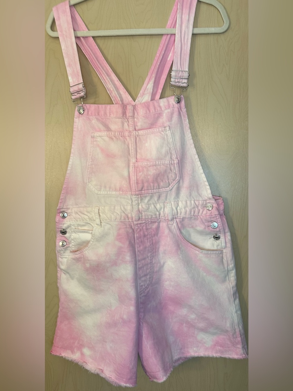 We The Free Pink Tie Dye/ Bleach Wash  Overall Denim Shorts - Picture 2 of 7
